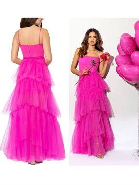 Betsy & Adam Tiered Tulle Ruffle Corset Gown Dress Sz 10 Hot Pink Mesh NEW $308